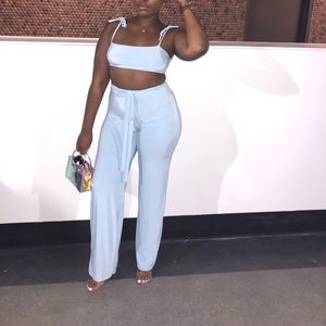 Ice Blue Two Piece HighWaist Pants set w Crop Top